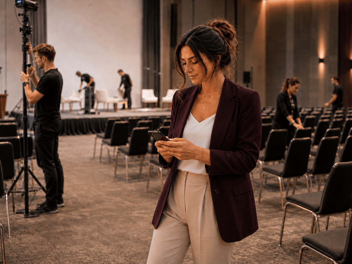 Freelance événementielle en démarrage supervisant l'installation d'une salle de conférence