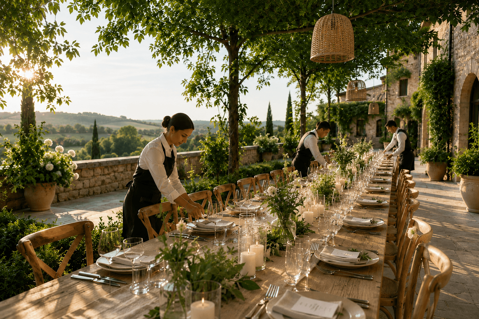 Équipe dressant une longue table pour un événement en extérieur au coucher du soleil, vue sur la campagne.